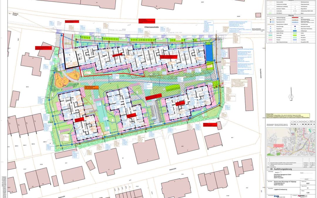 Wohnanlage: Chiemseestraße 25  Genehmigungsplanung Schmutzwasserkanal und Oberflächenentwässerung